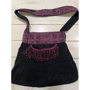 Handmade Black Denim Handbag Bohemian Glam Beaded Tassels 12x13 Handsewn